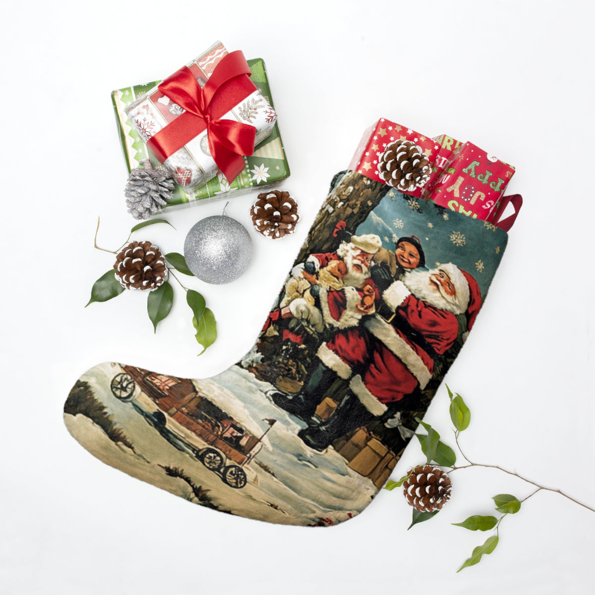 Vintage Santa Christmas Stocking – Traditional Holiday Mantel Decoration
