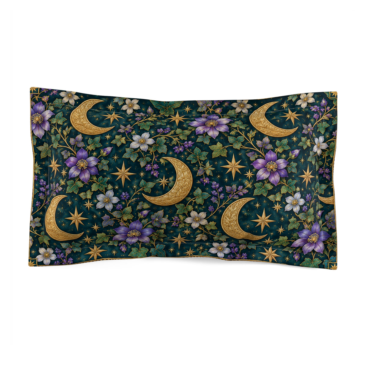 Celestial Floral Pillow Sham — Gold Moon & Star Microfiber Decorative Sham