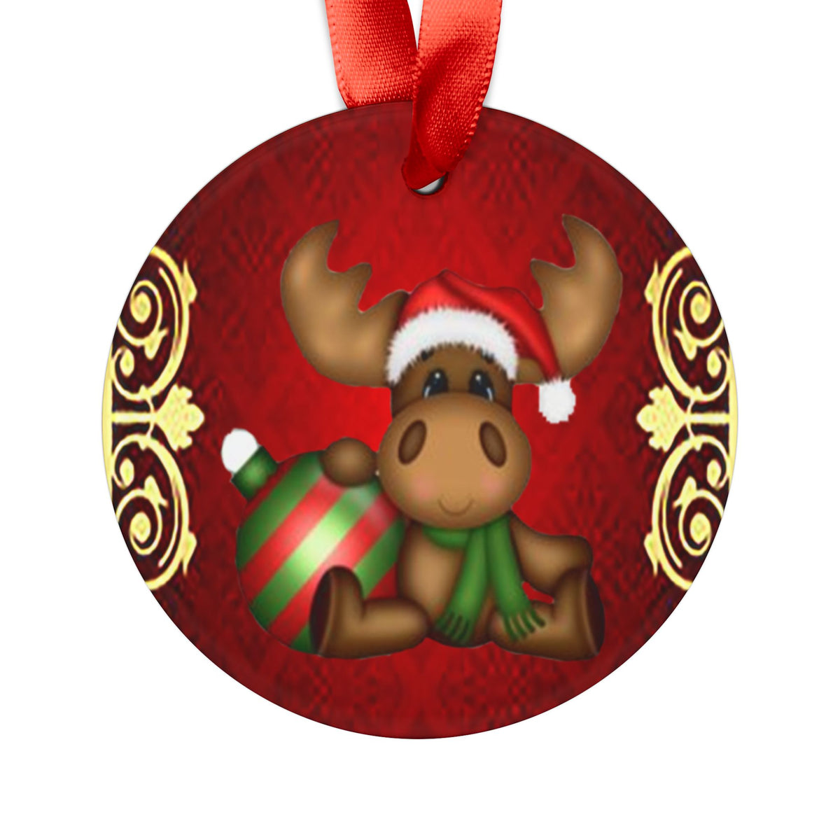 Cute Santa Moose Acrylic Ornament — Holiday Christmas Tree Decoration with Ribbon