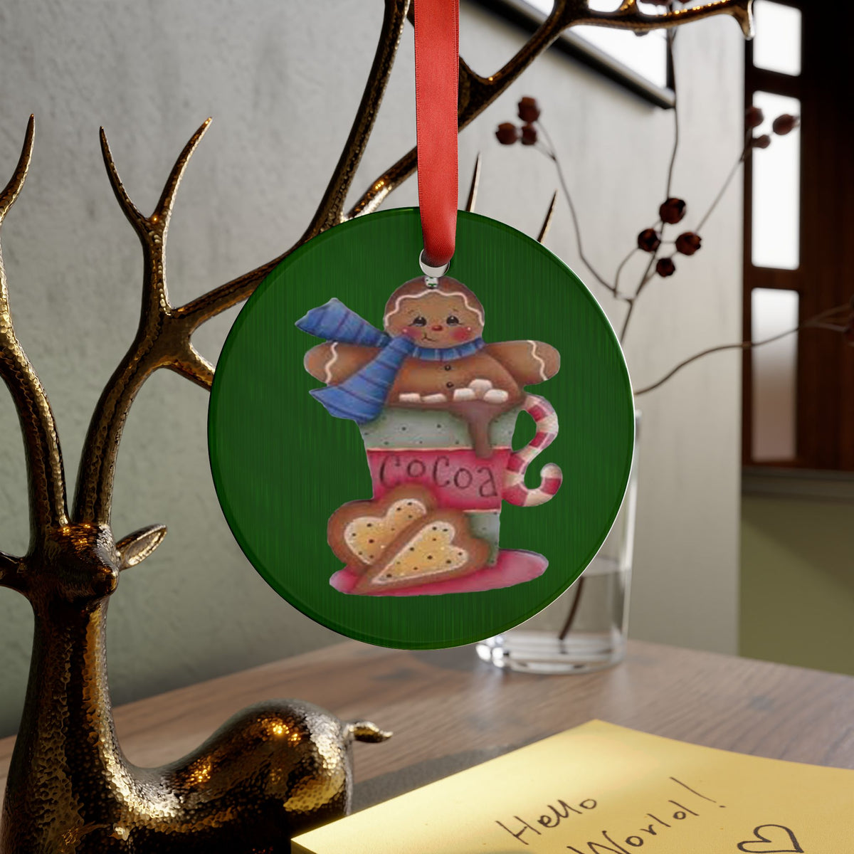 Gingerbread Cocoa Acrylic Ornament — Holiday Christmas Tree Decoration with Ribbon