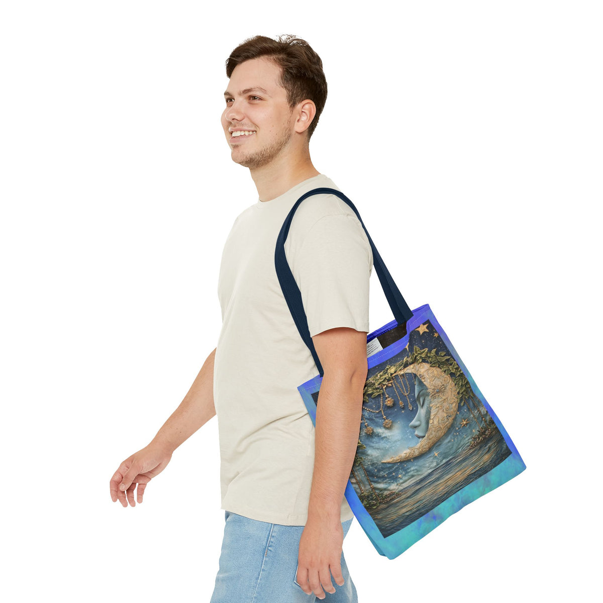 Sleeping Moon Face Tote Bag | Celestial Moonlight Illustration