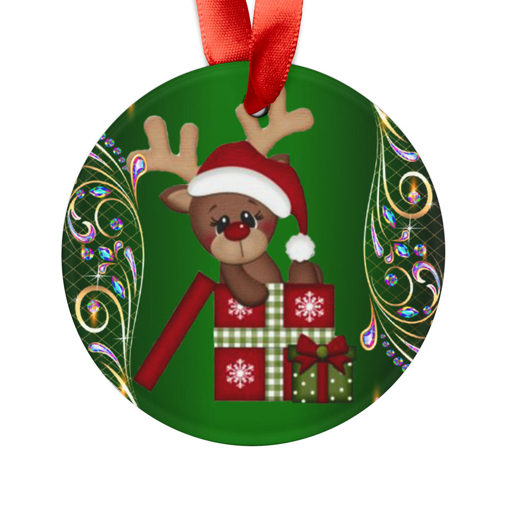 Christmas Reindeer Ornament — Cute Santa Hat Reindeer with Presents Acrylic Holiday Decoration