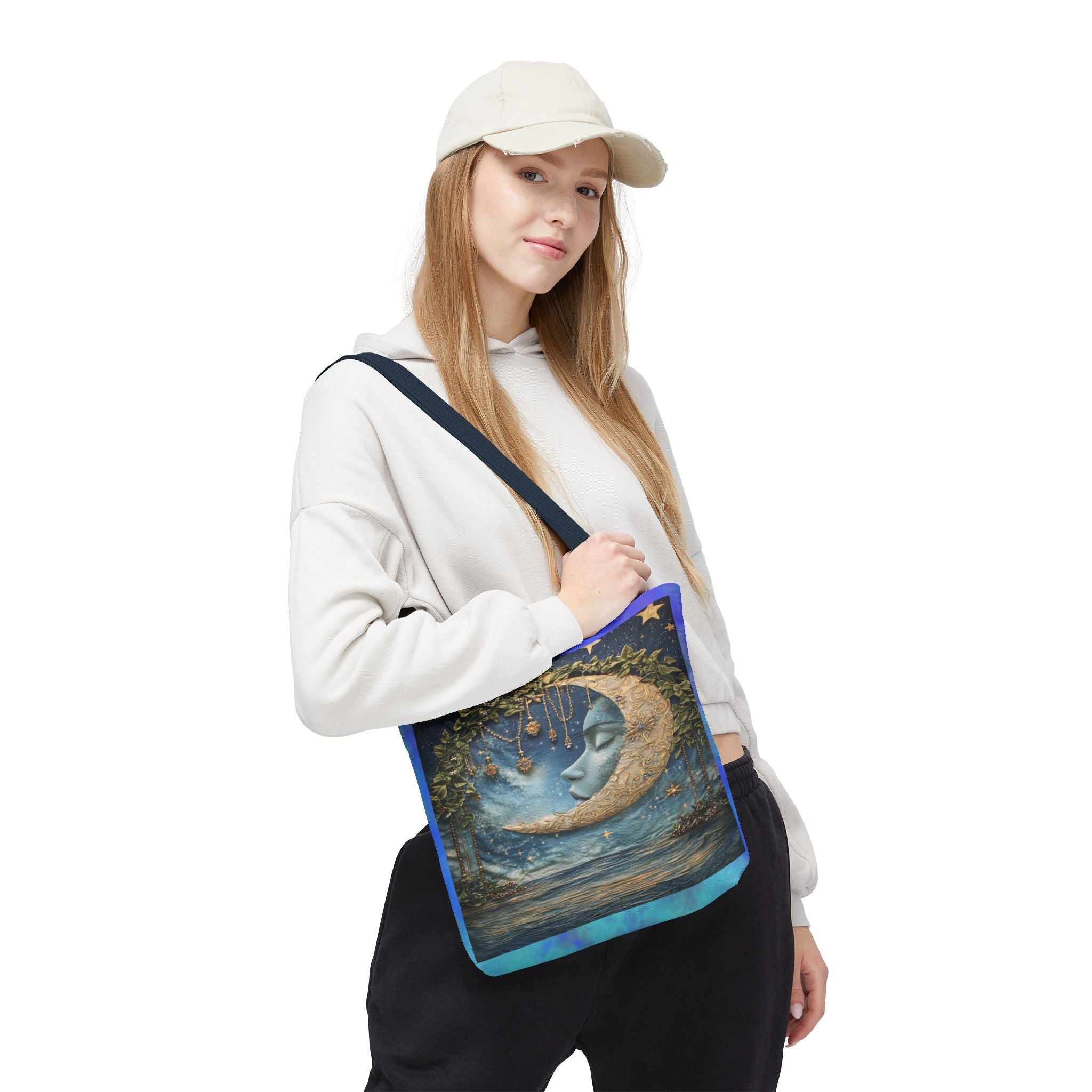 Sleeping Moon Face Tote Bag | Celestial Moonlight Illustration