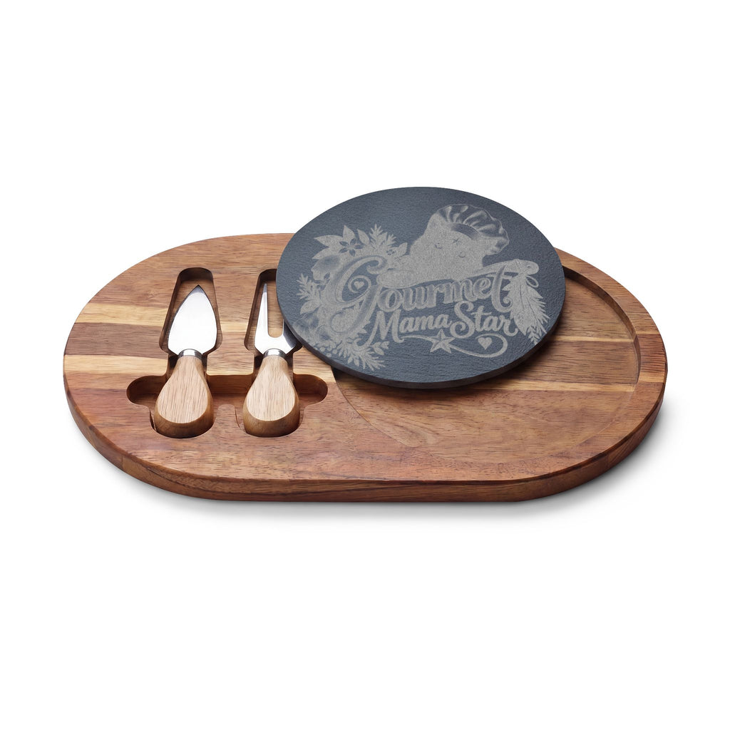 Engraved Acacia Charcuterie Board with Slate Insert & Cheese Tools — "Gourmet Mama Star" Design