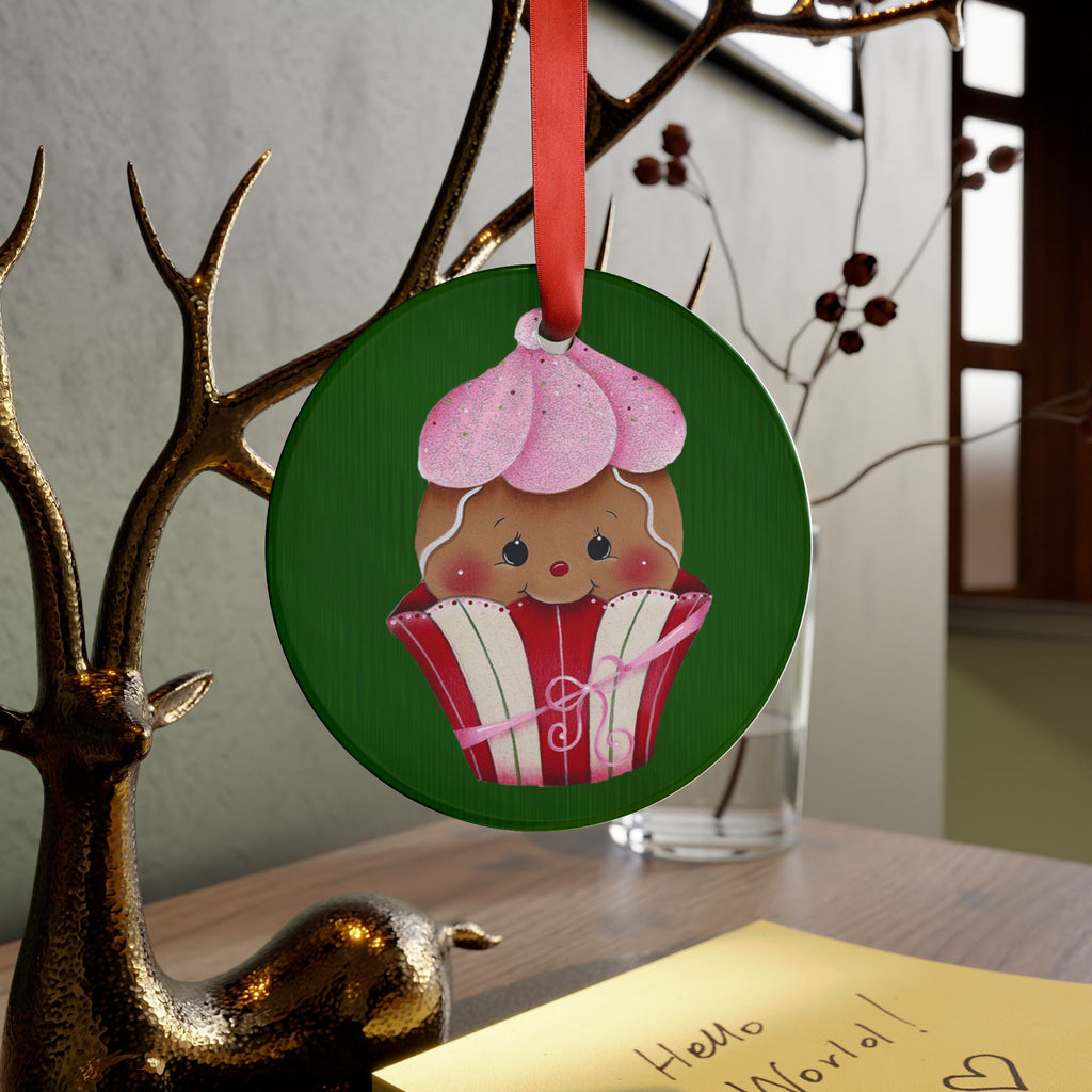 Cupcake Ornament Acrylic Holiday Ornament — Cute Gingerbread Cupcake with Pink Frosting Ribbon
