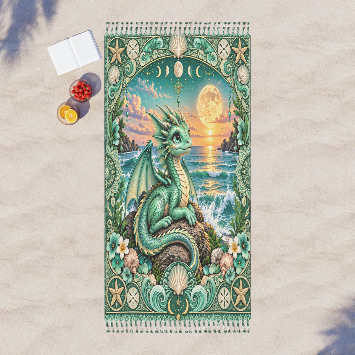 Boho Beach Towel — Seafoam Green Sea Dragon Sunset Fringe Beach Cloth