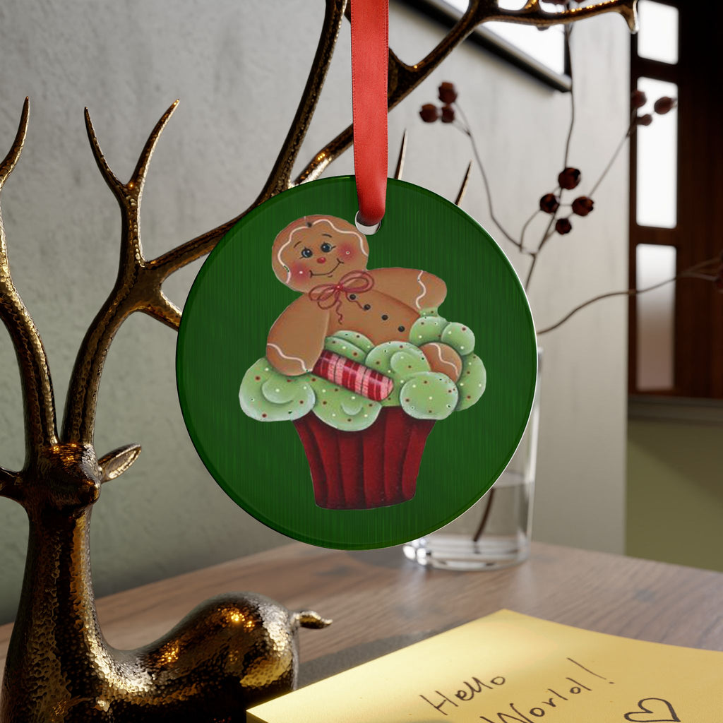 Gingerbread Cupcake Acrylic Ornament — Holiday Christmas Tree Decoration with Red Ribbon