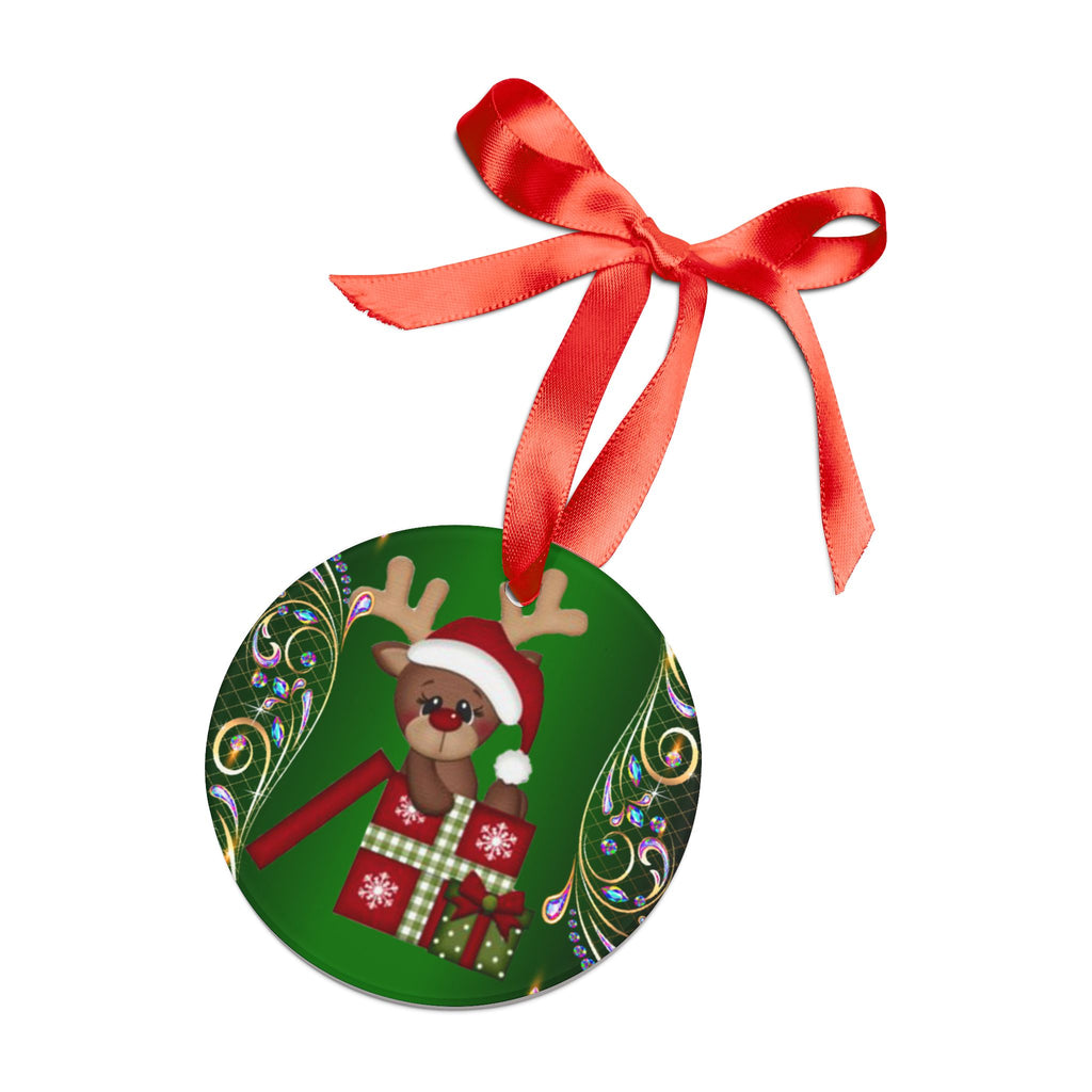 Christmas Reindeer Ornament — Cute Santa Hat Reindeer with Presents Acrylic Holiday Decoration
