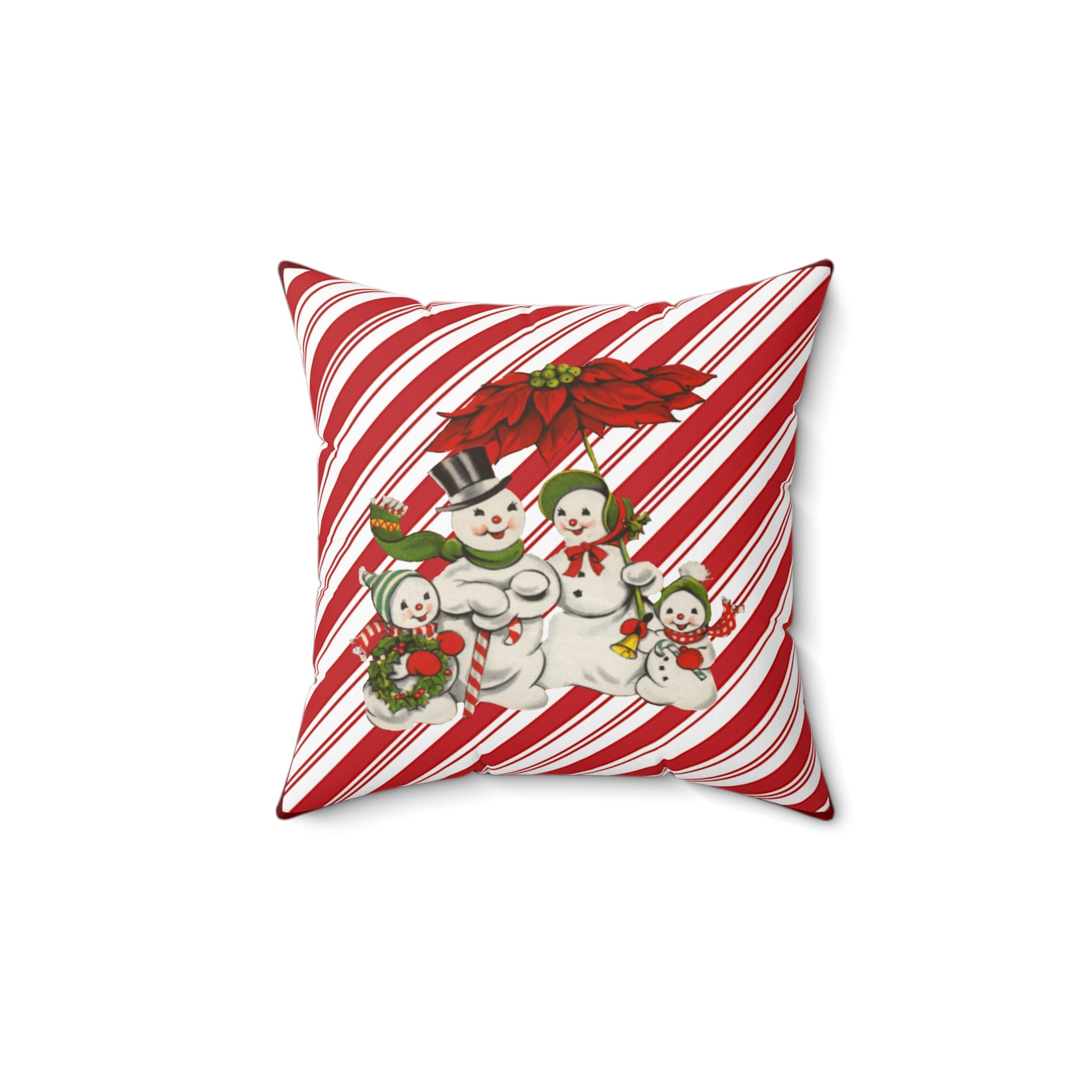 Candy-Stripe Snowman Family Holiday Pillow