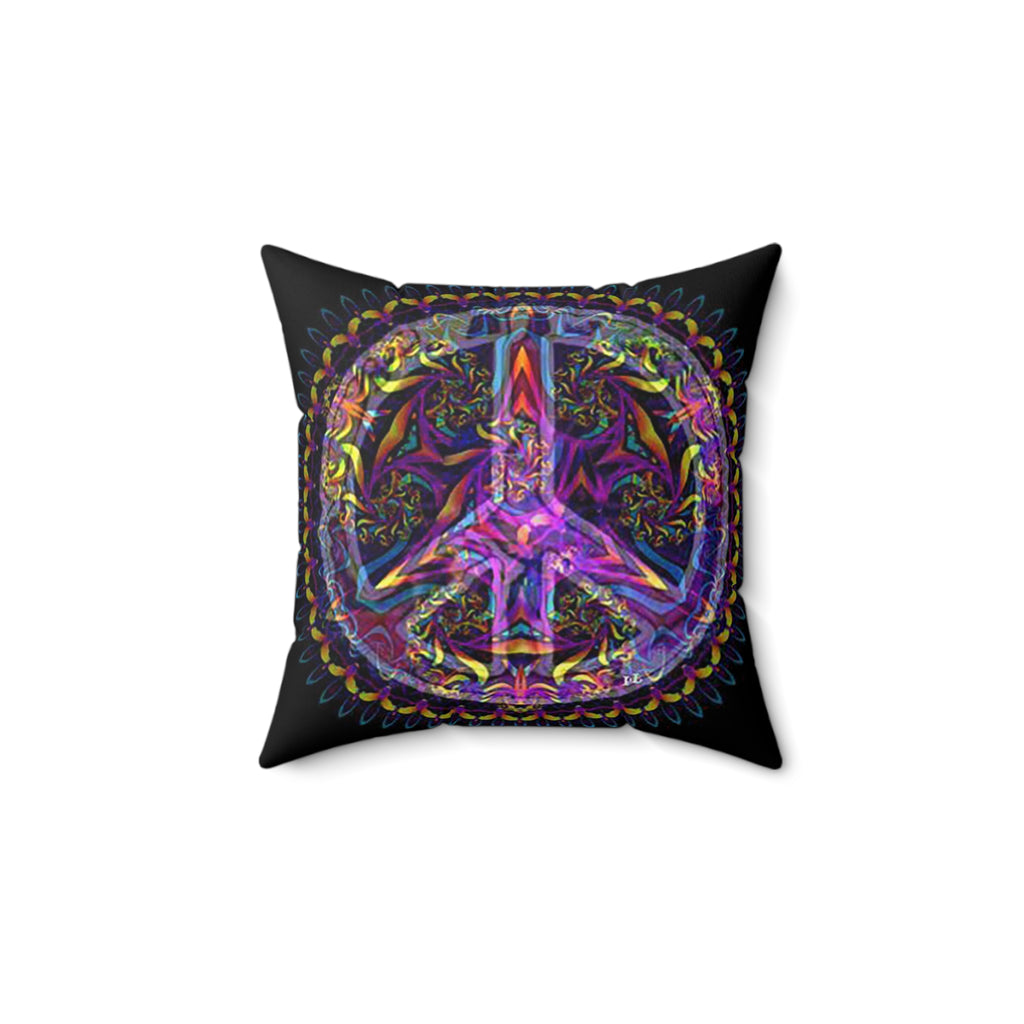 Psychedelic Peace Symbol Decorative Pillow — Colorful Boho Square Throw Pillow