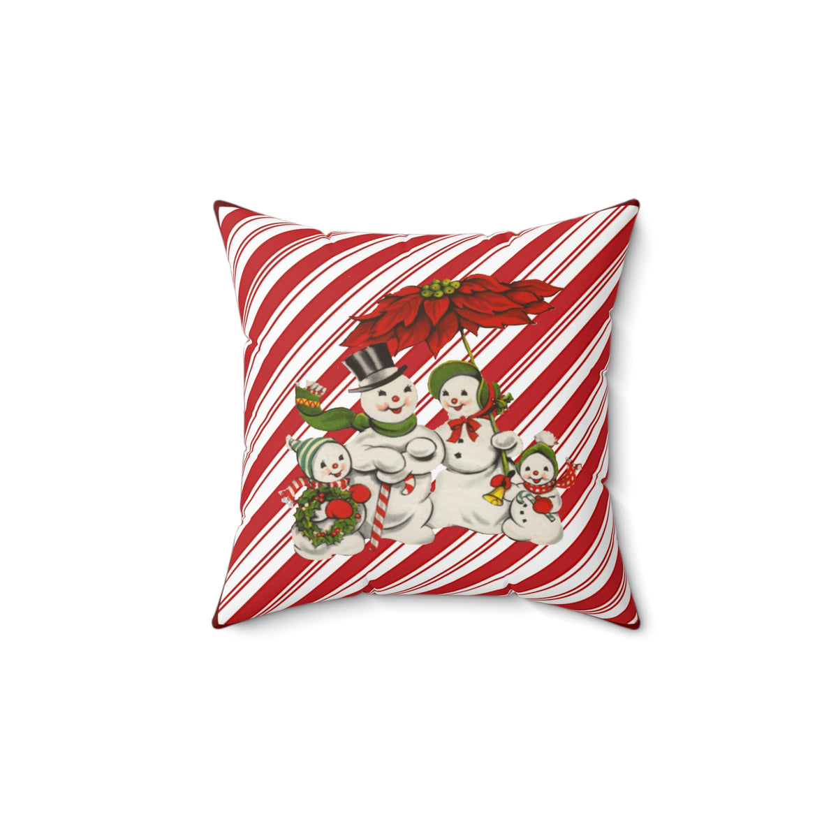 Candy-Stripe Snowman Family Holiday Pillow