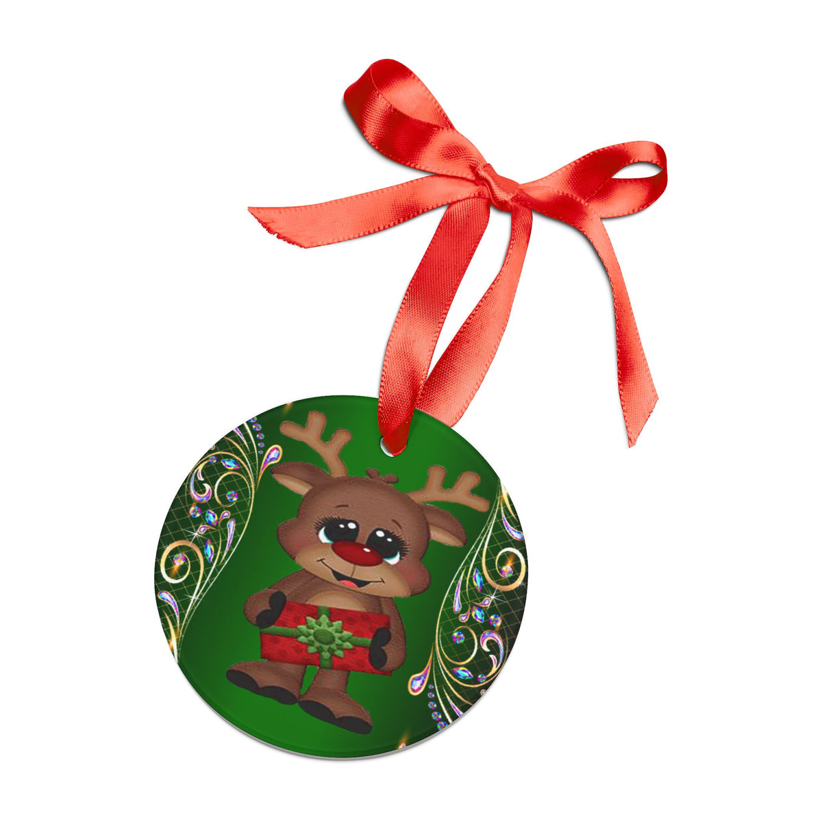 Reindeer Gift Acrylic Ornament — Cute Holiday Christmas Decoration with Red Ribbon