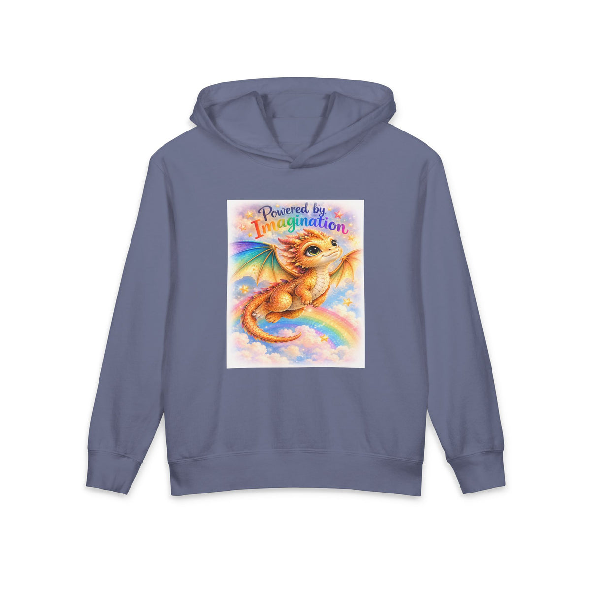 Youth Hoodie — "Powered by Imagination" Cute Rainbow Dragon Graphic