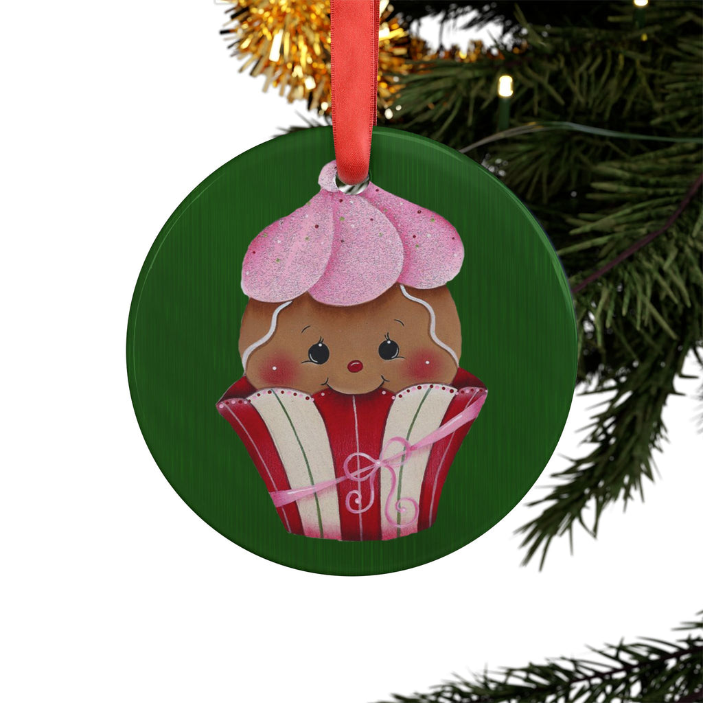 Cupcake Ornament Acrylic Holiday Ornament — Cute Gingerbread Cupcake with Pink Frosting Ribbon