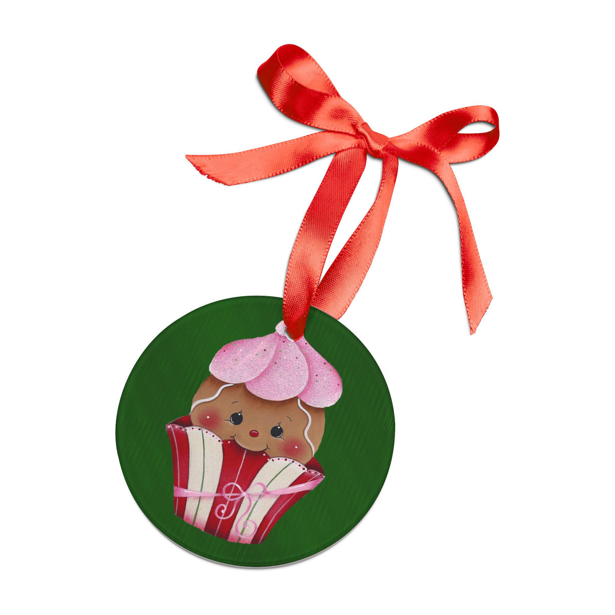 Cupcake Ornament Acrylic Holiday Ornament — Cute Gingerbread Cupcake with Pink Frosting Ribbon