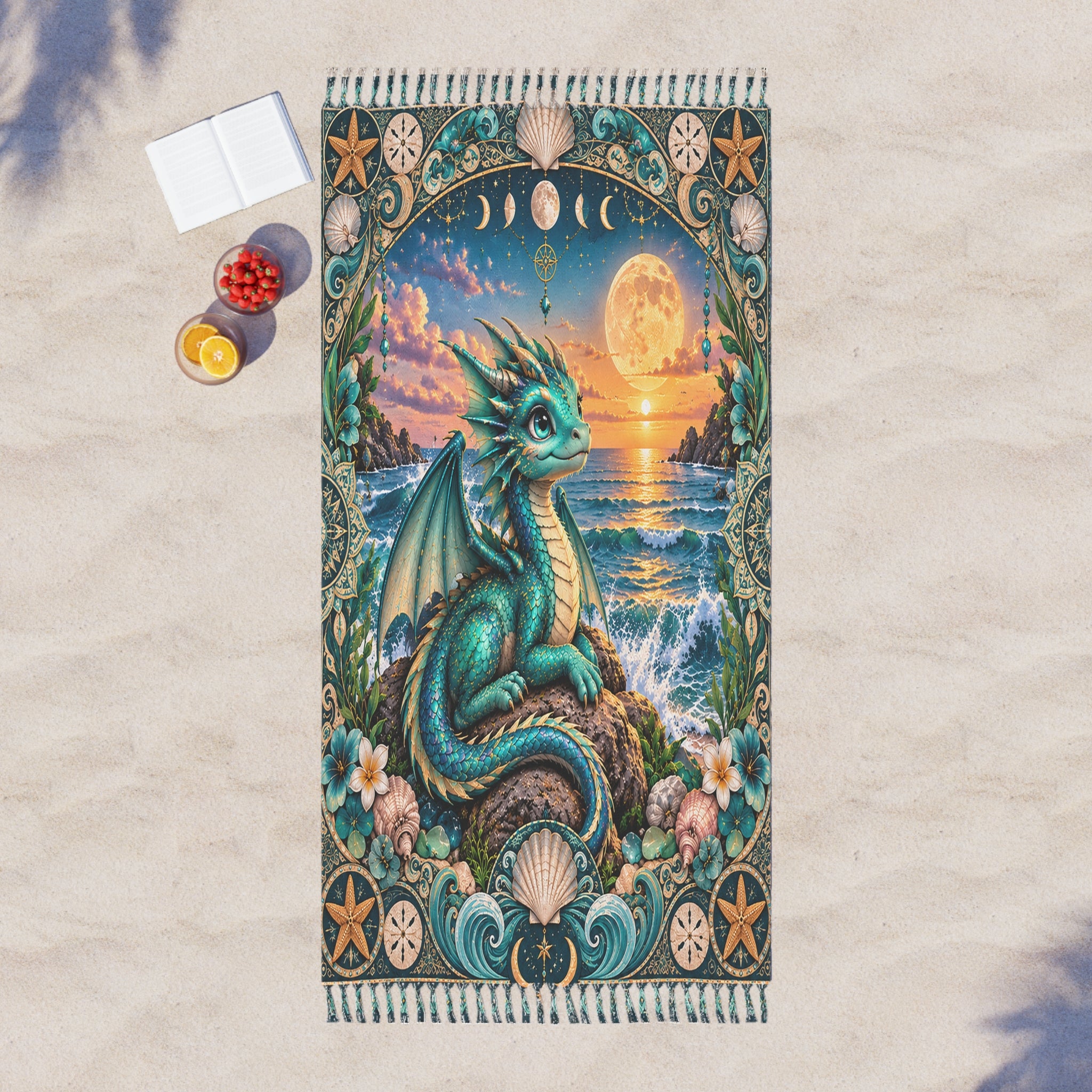 Boho Beach Towel — Teal Sea Dragon Sunset Beach Blanket