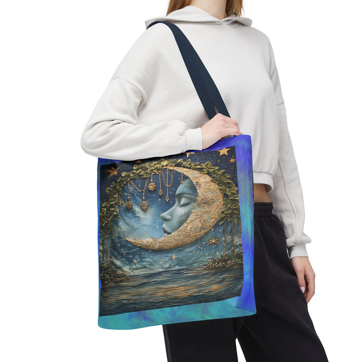 Sleeping Moon Face Tote Bag | Celestial Moonlight Illustration
