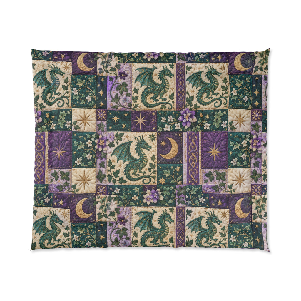 Dragon Patchwork Comforter – Purple Green Celestial Floral Quilt-Style Bedding