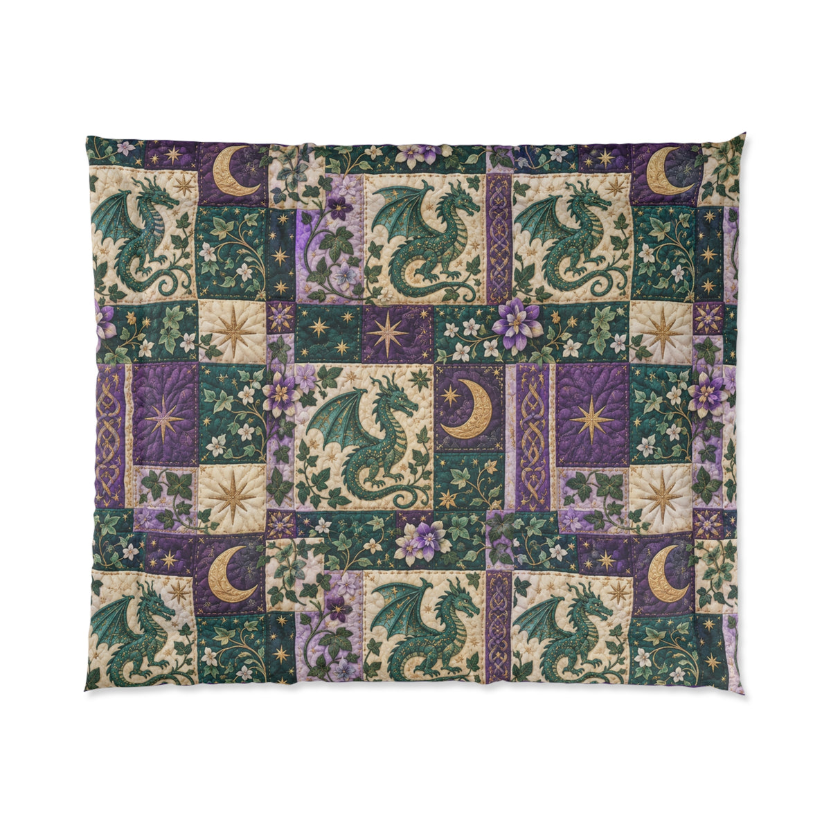 Dragon Patchwork Comforter – Purple Green Celestial Floral Quilt-Style Bedding