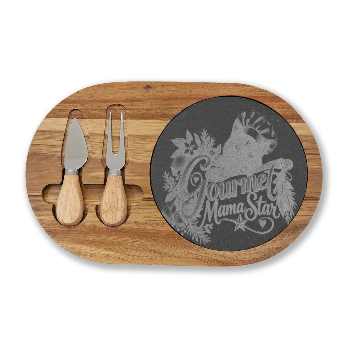 Engraved Acacia Charcuterie Board with Slate Insert & Cheese Tools — "Gourmet Mama Star" Design