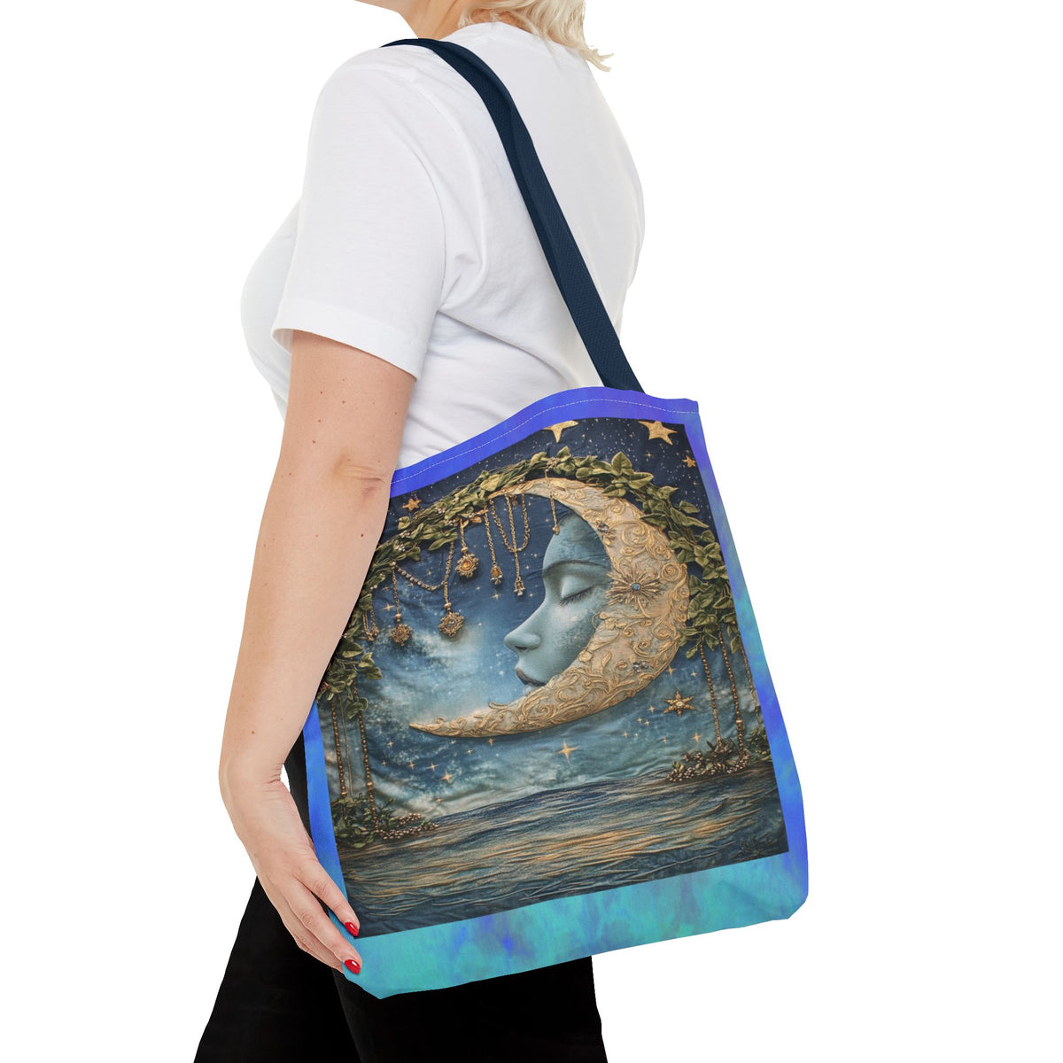 Sleeping Moon Face Tote Bag | Celestial Moonlight Illustration