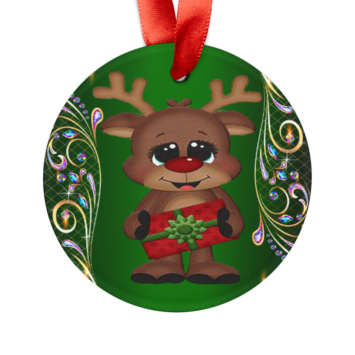 Reindeer Gift Acrylic Ornament — Cute Holiday Christmas Decoration with Red Ribbon