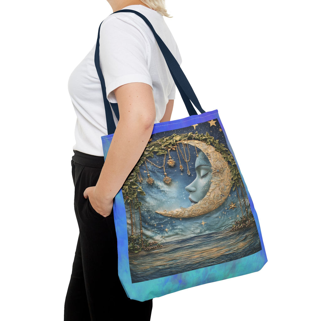 Sleeping Moon Face Tote Bag | Celestial Moonlight Illustration