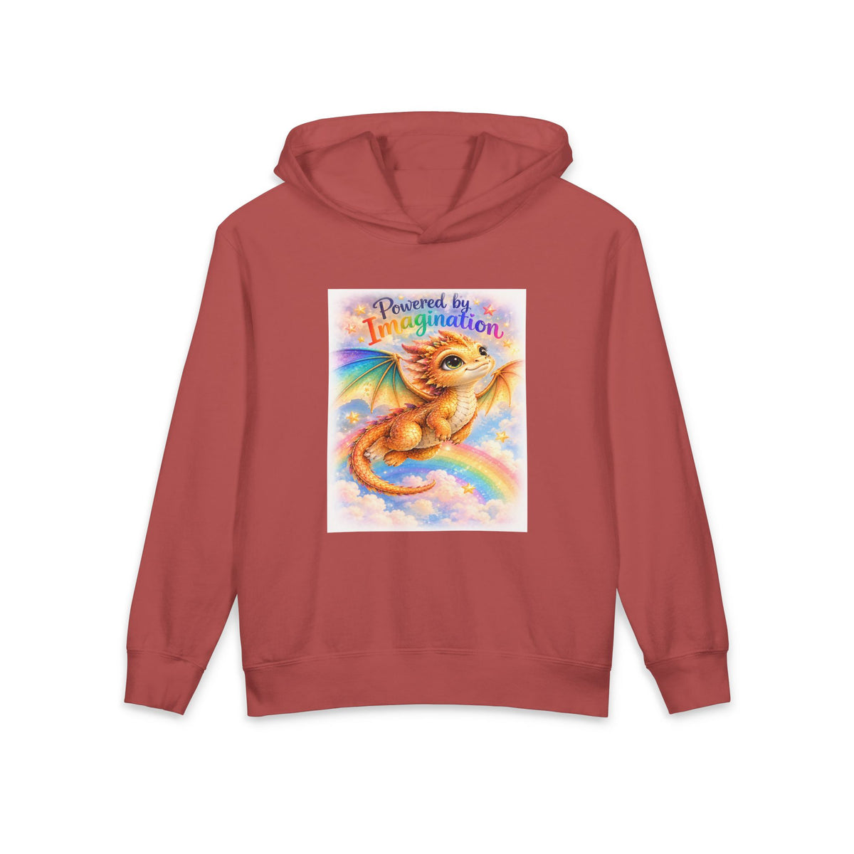 Youth Hoodie — "Powered by Imagination" Cute Rainbow Dragon Graphic