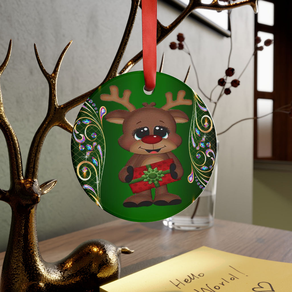 Reindeer Gift Acrylic Ornament — Cute Holiday Christmas Decoration with Red Ribbon