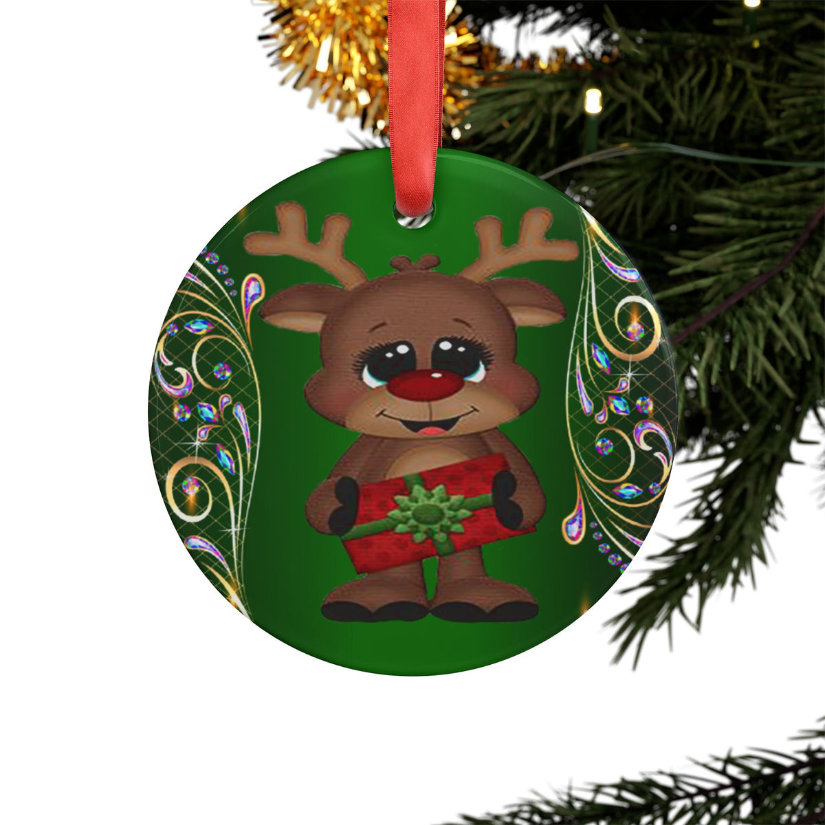 Reindeer Gift Acrylic Ornament — Cute Holiday Christmas Decoration with Red Ribbon