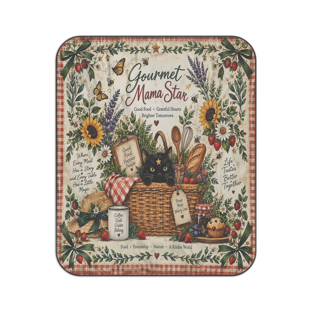 Gourmet Mama Star Picnic Blanket — Floral Basket & Black Cat Outdoor Throw