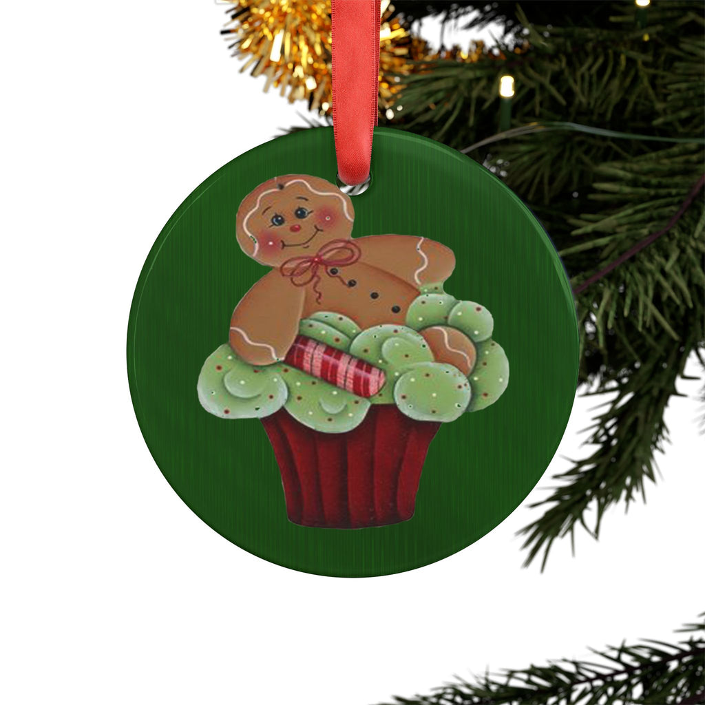 Gingerbread Cupcake Acrylic Ornament — Holiday Christmas Tree Decoration with Red Ribbon