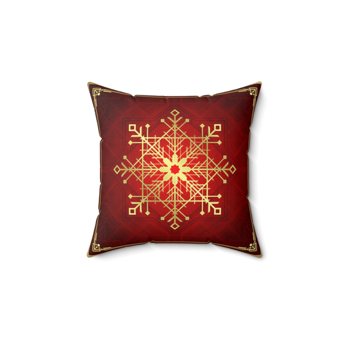 Holiday Snowflake Decorative Pillow — Gold Mandala on Red