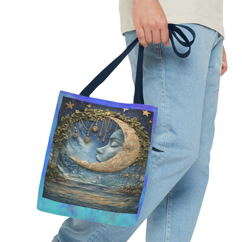 Sleeping Moon Face Tote Bag | Celestial Moonlight Illustration