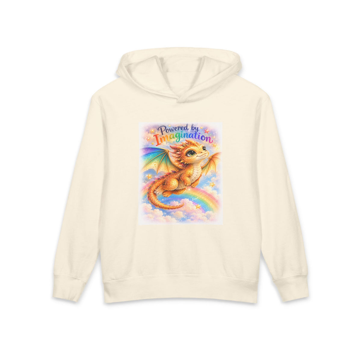 Youth Hoodie — "Powered by Imagination" Cute Rainbow Dragon Graphic