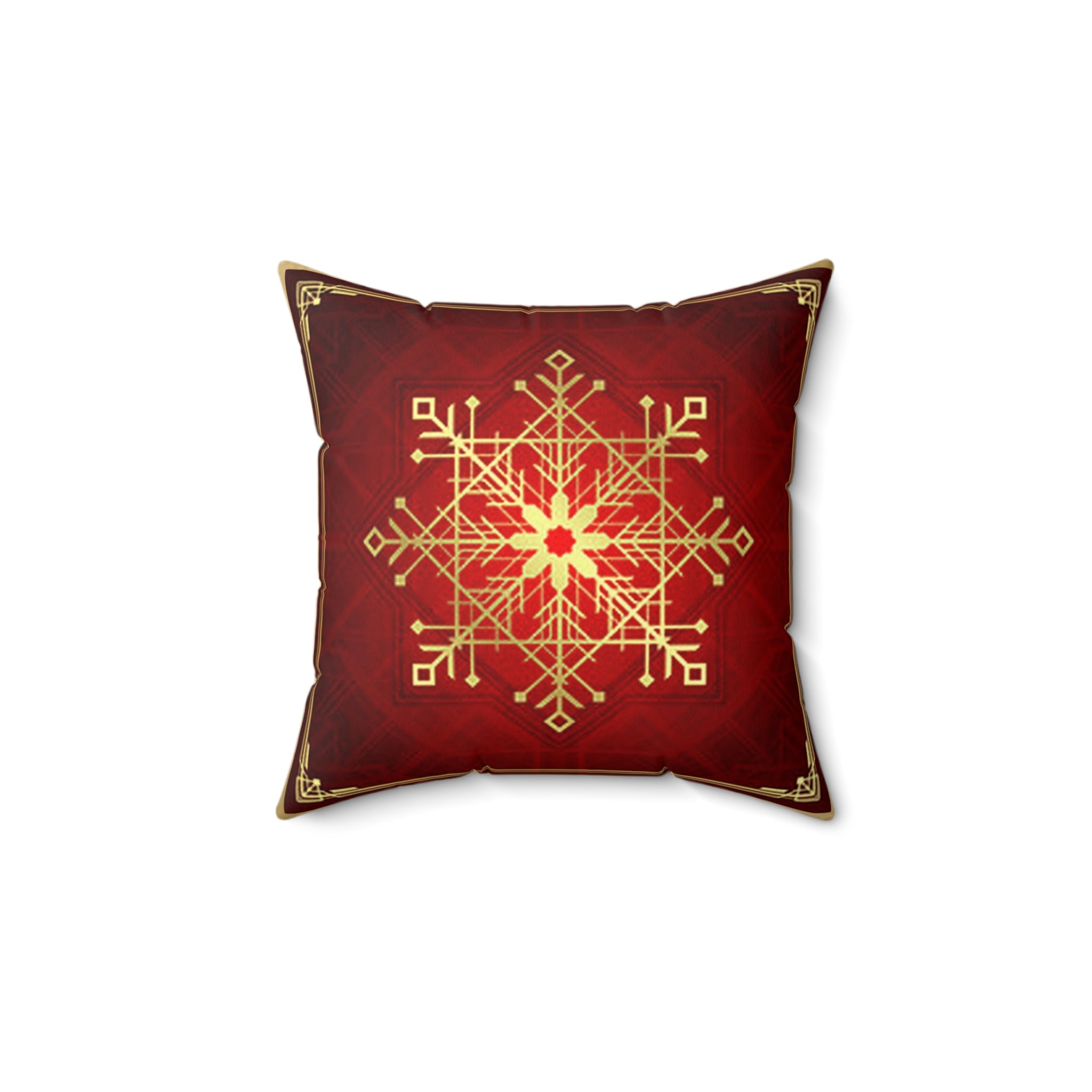 Holiday Snowflake Decorative Pillow — Gold Mandala on Red