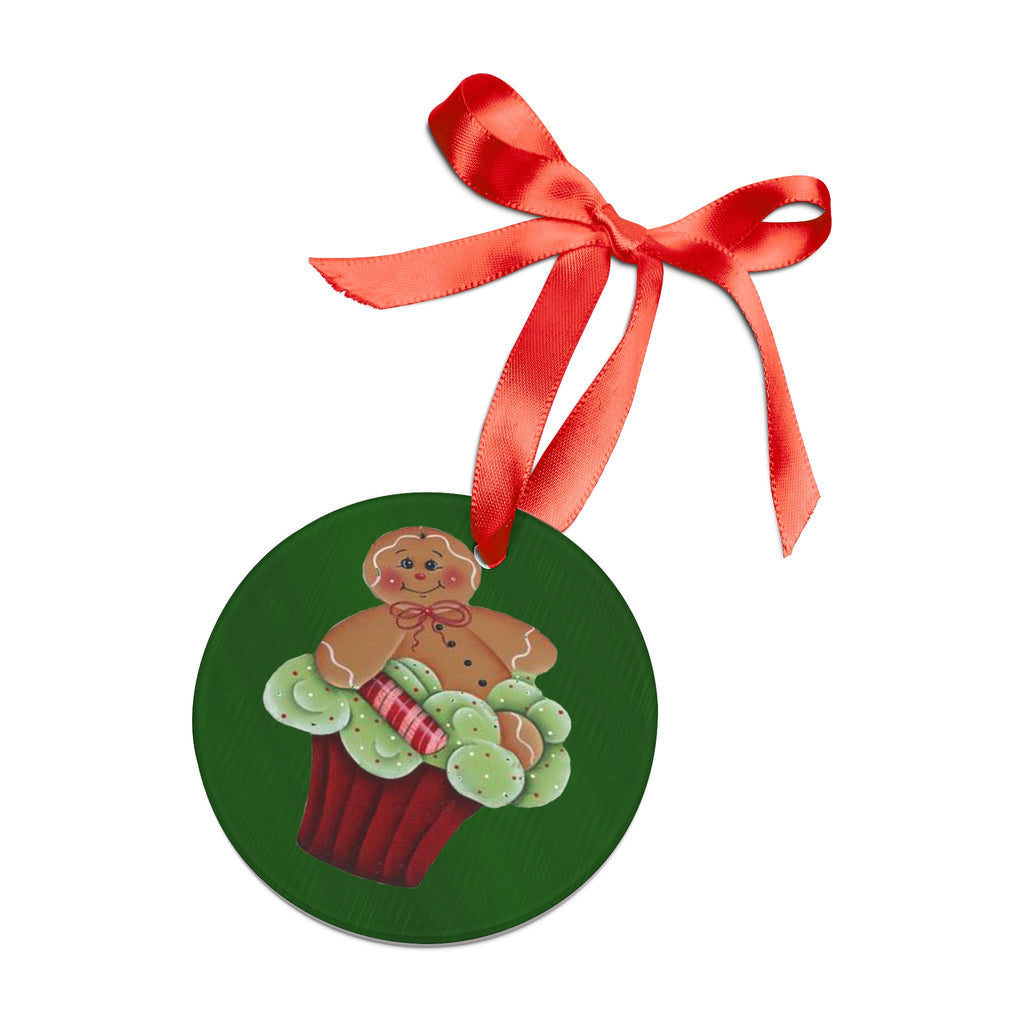 Gingerbread Cupcake Acrylic Ornament — Holiday Christmas Tree Decoration with Red Ribbon