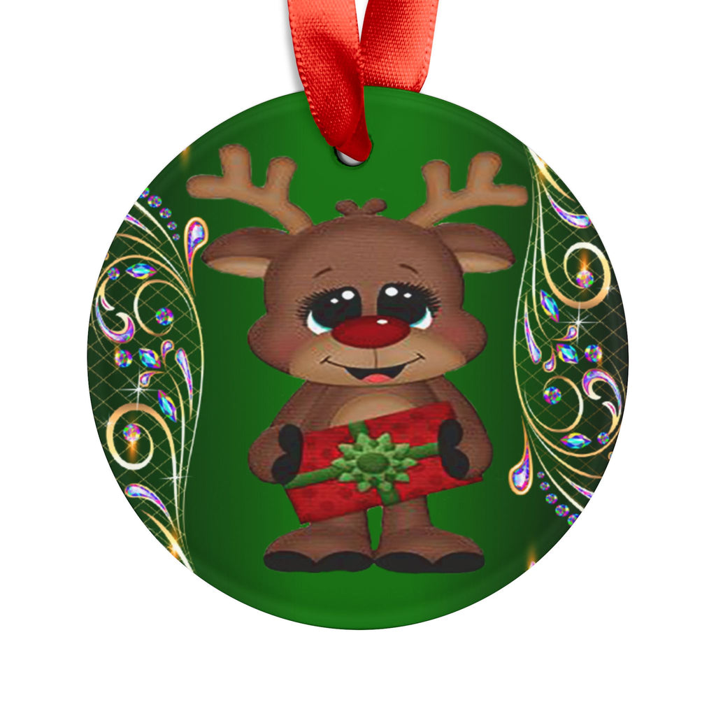 Reindeer Gift Acrylic Ornament — Cute Holiday Christmas Decoration with Red Ribbon