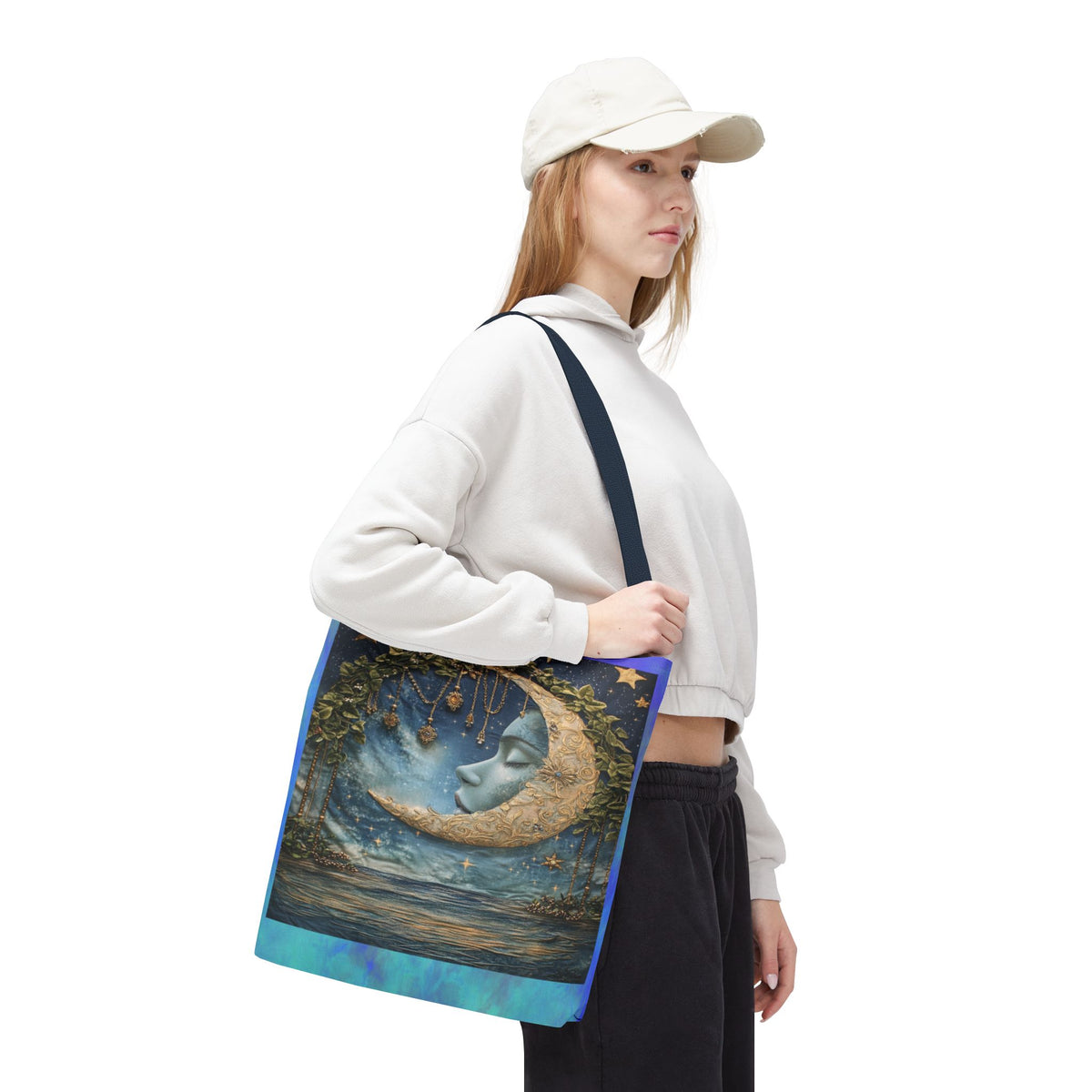 Sleeping Moon Face Tote Bag | Celestial Moonlight Illustration