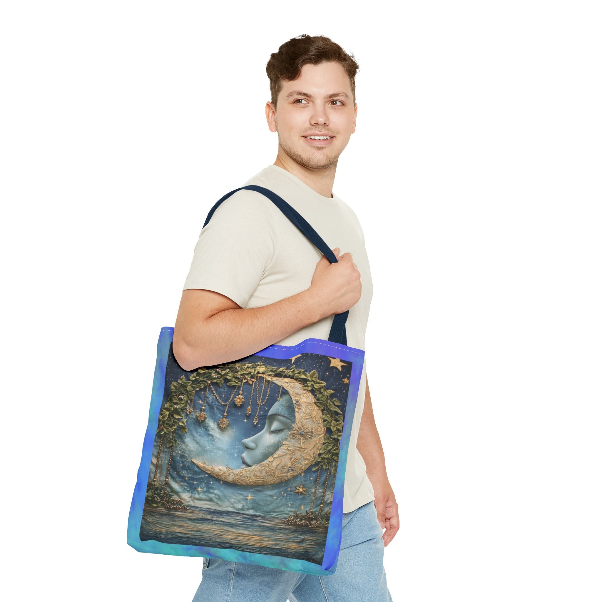 Sleeping Moon Face Tote Bag | Celestial Moonlight Illustration