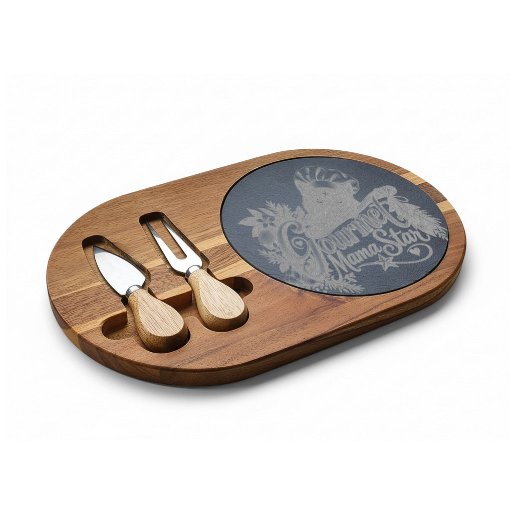 Engraved Acacia Charcuterie Board with Slate Insert & Cheese Tools — "Gourmet Mama Star" Design