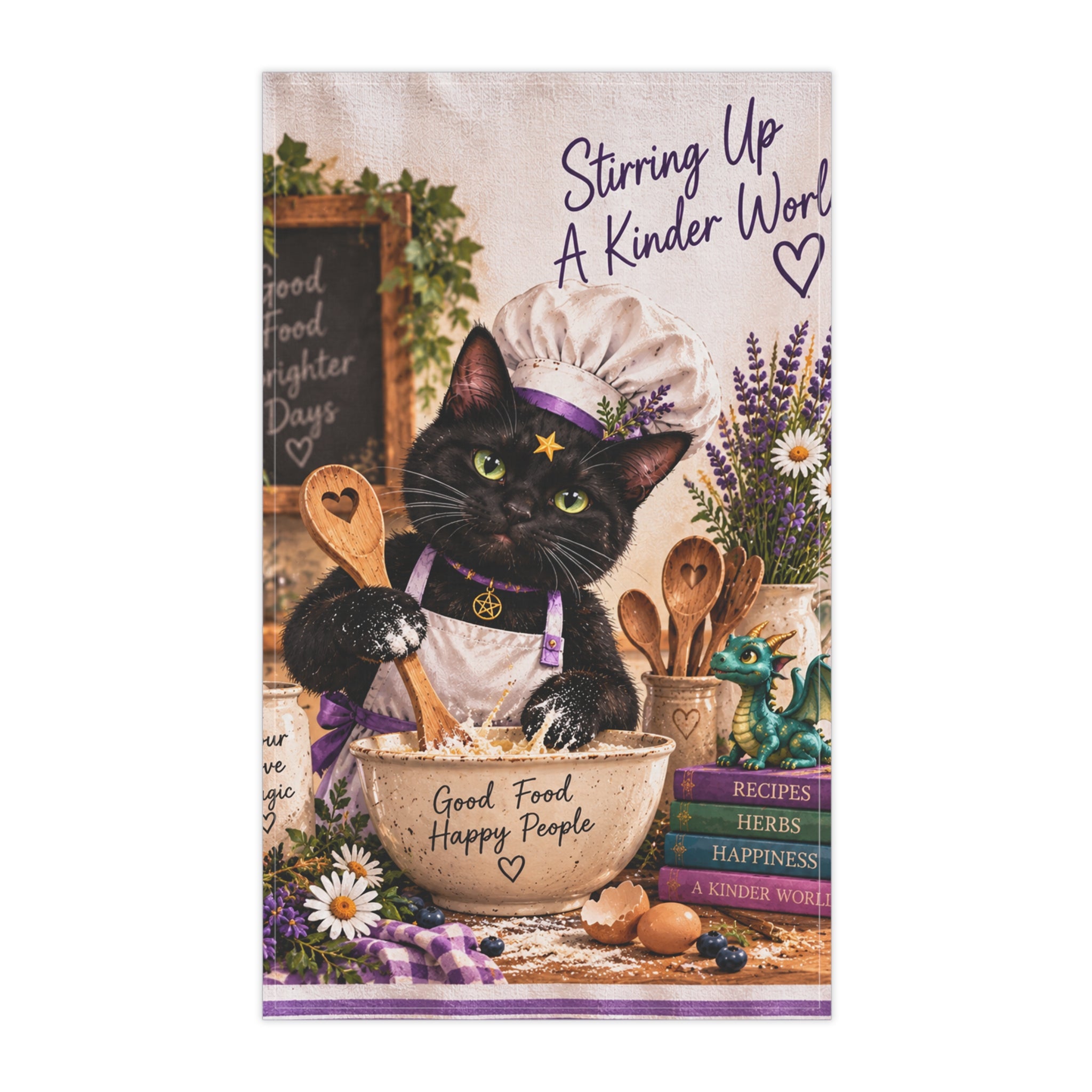 Stirring Up a Kinder World Kitchen Tea Towel — Stardust Chef, 'Good Food Happy People'
