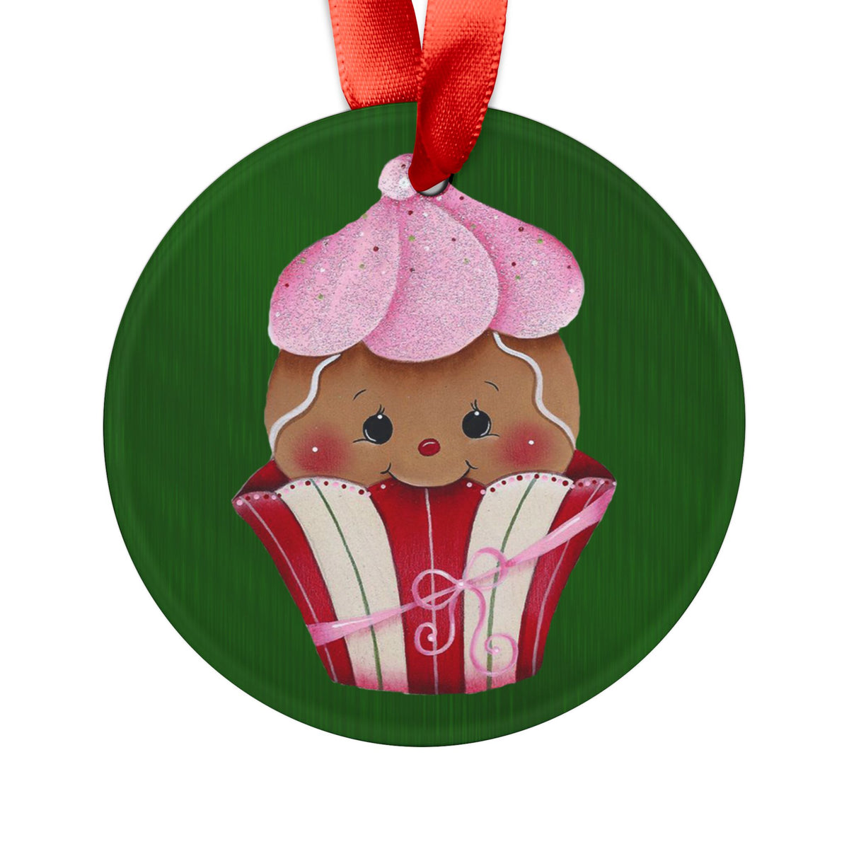 Cupcake Ornament Acrylic Holiday Ornament — Cute Gingerbread Cupcake with Pink Frosting Ribbon