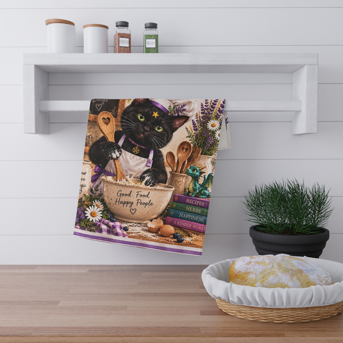 Stirring Up a Kinder World Kitchen Tea Towel — Stardust Chef, 'Good Food Happy People'