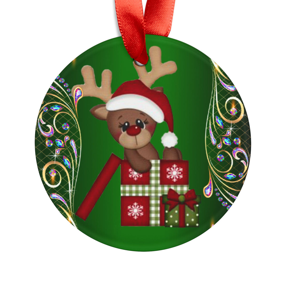 Christmas Reindeer Ornament — Cute Santa Hat Reindeer with Presents Acrylic Holiday Decoration
