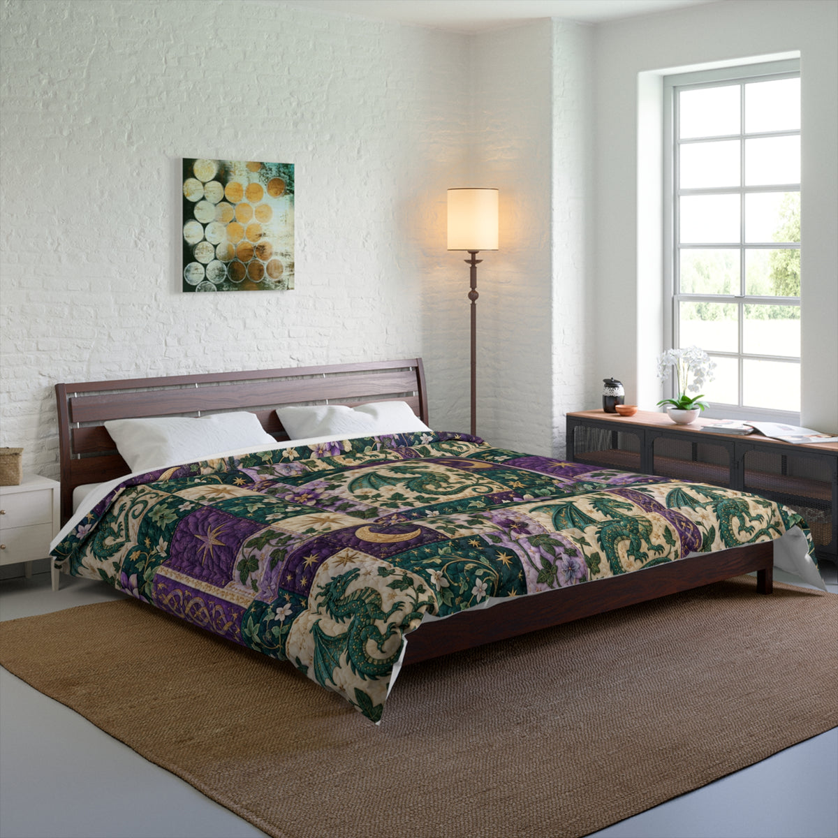 Dragon Patchwork Comforter – Purple Green Celestial Floral Quilt-Style Bedding