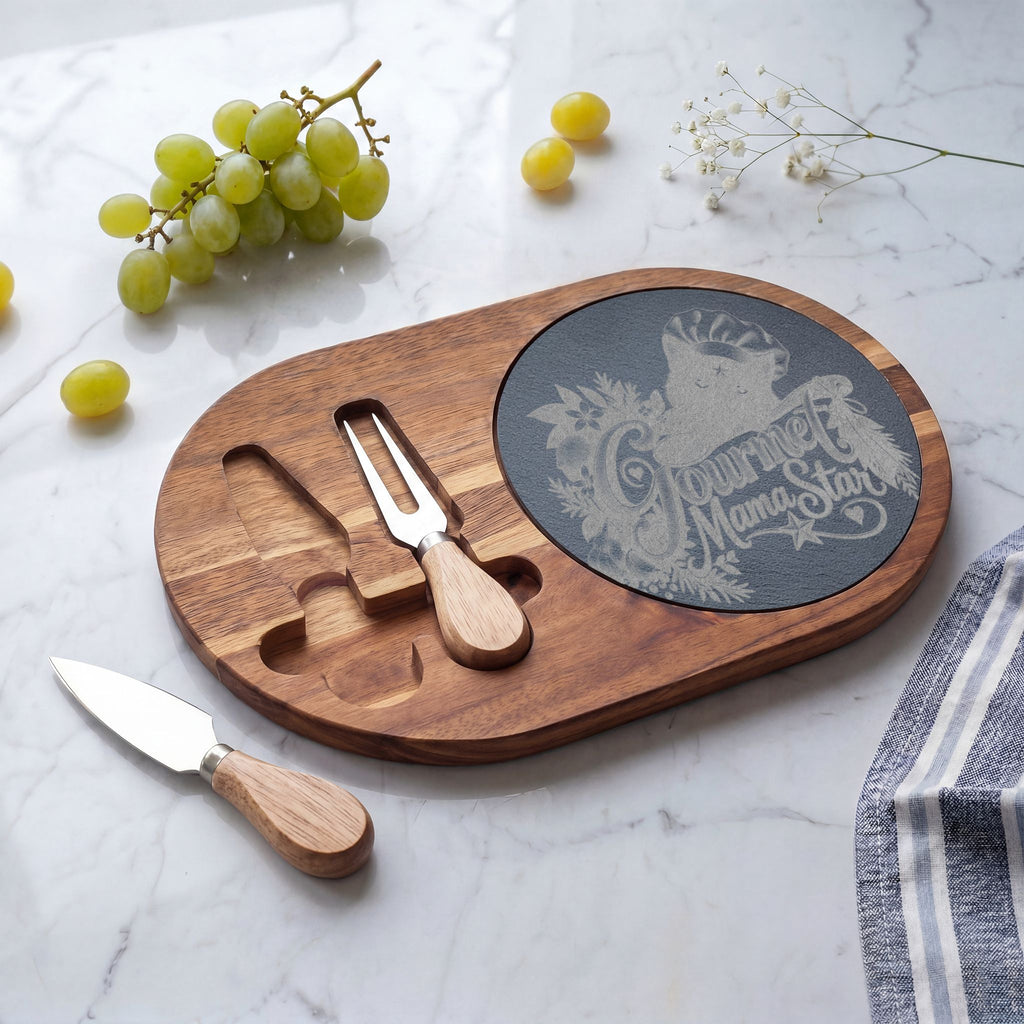 Engraved Acacia Charcuterie Board with Slate Insert & Cheese Tools — "Gourmet Mama Star" Design