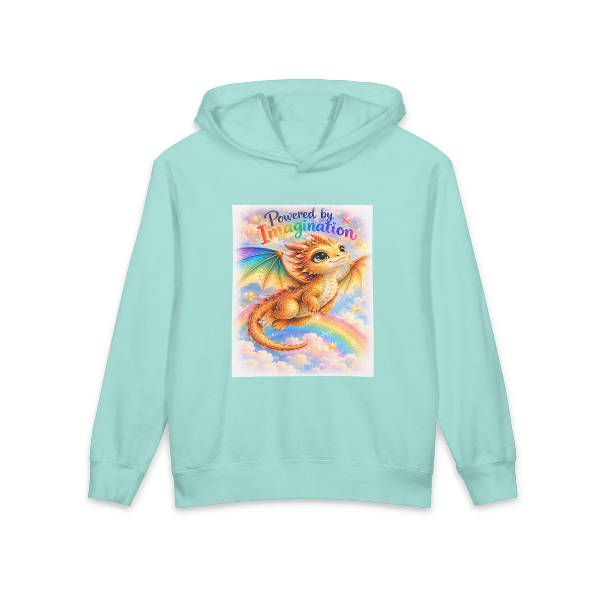 Youth Hoodie — "Powered by Imagination" Cute Rainbow Dragon Graphic