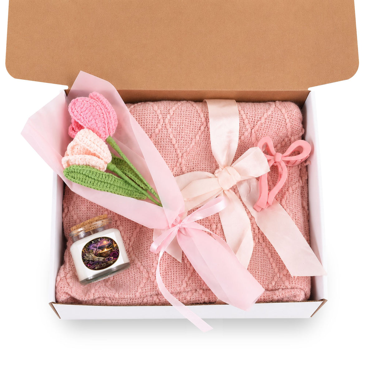Blush & Bloom Gift Set — Cozy Candle, Crochet Bouquet, Pink Blanket & Bow Clip