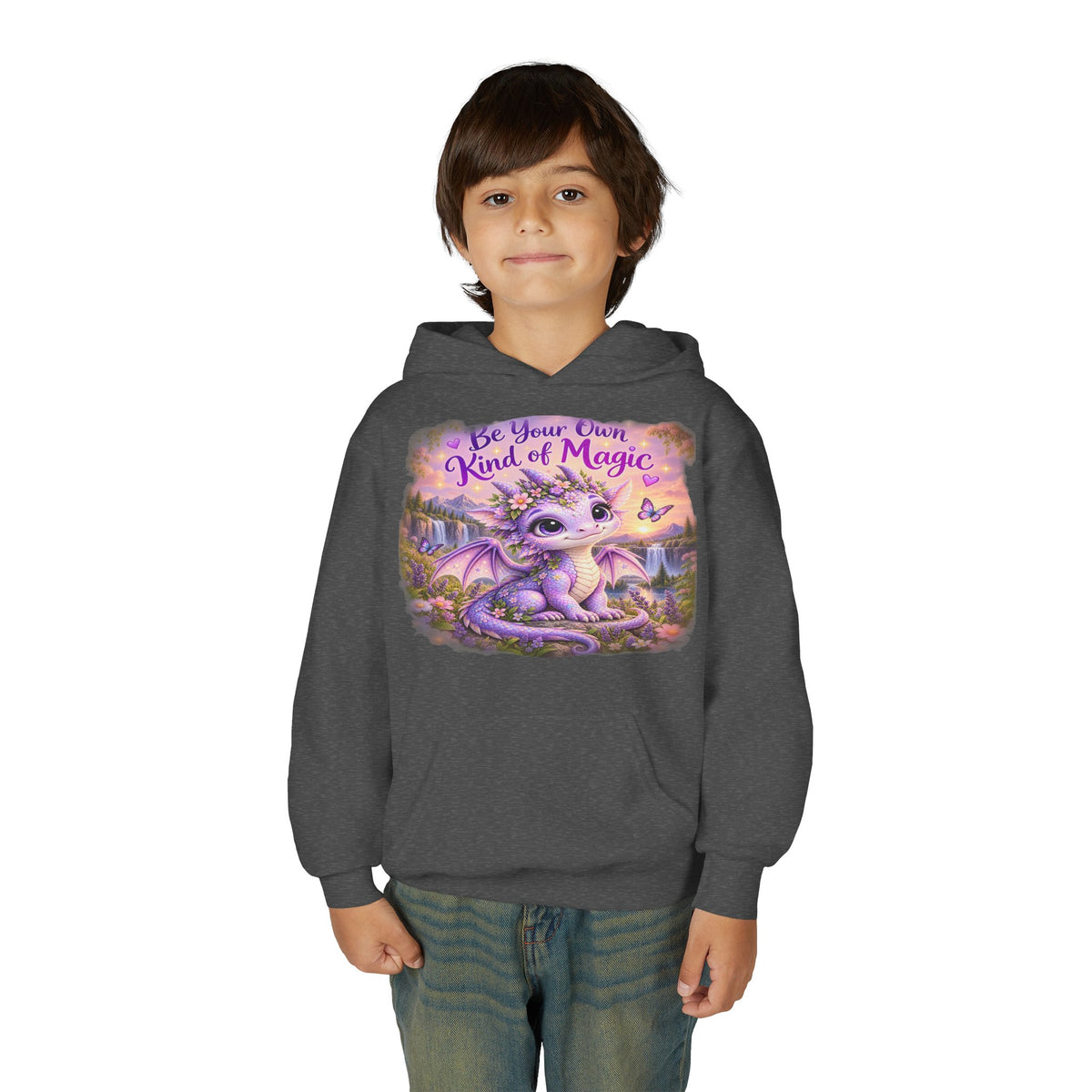 Youth Hoodie — "Be Your Own Kind of Magic" Purple Dragon Kids Pullover